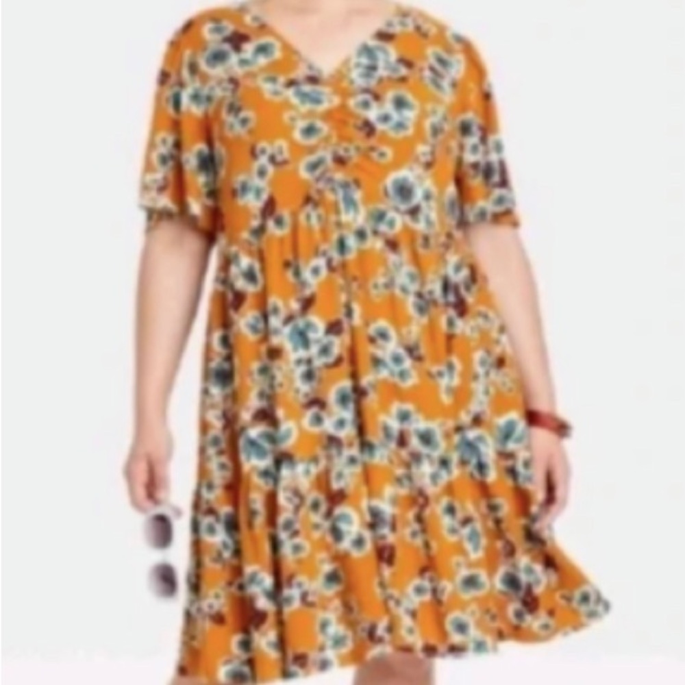 Ava Viv Orange Floral  Fit & Flare Dress V Neck Flutter Sleeves Women's Size 2X